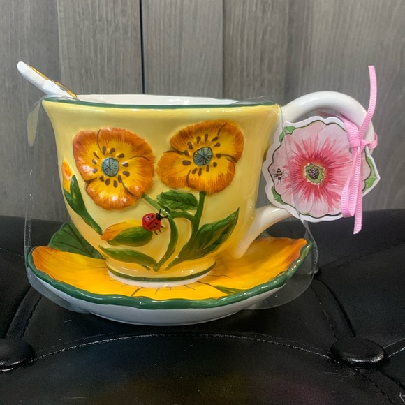 Blue Sky Other - Blue Sky Clayworks Yellow Poppy Teacup, Saucer & Spoon Set Heather Goldminc